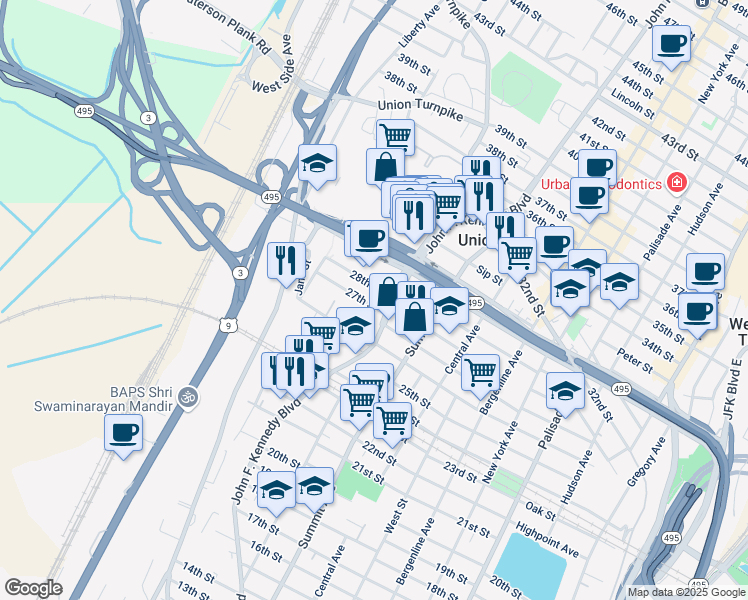 map of restaurants, bars, coffee shops, grocery stores, and more near 1217 28th Street in North Bergen