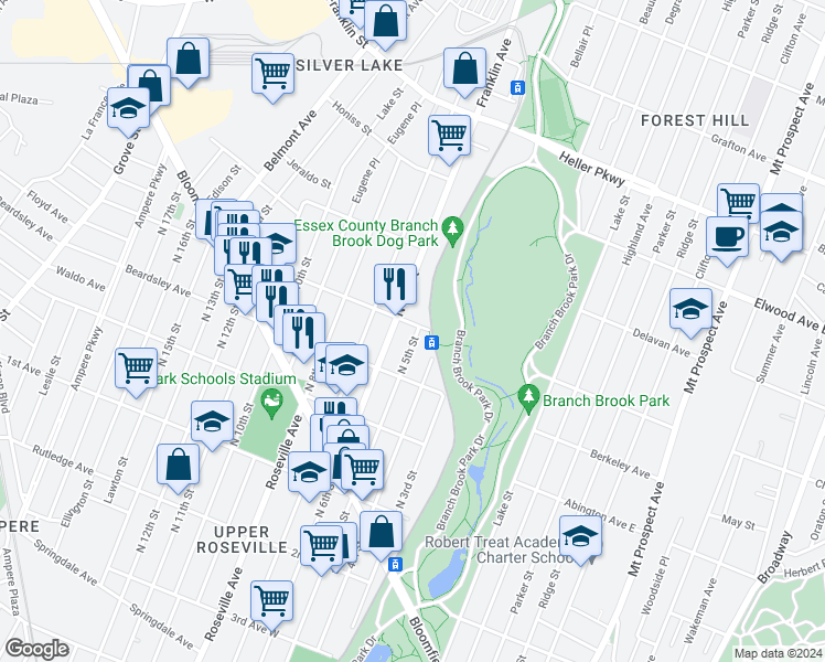 map of restaurants, bars, coffee shops, grocery stores, and more near 689 North 6th Street in Newark