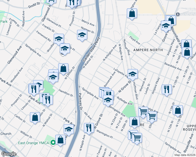map of restaurants, bars, coffee shops, grocery stores, and more near 27 Sherman Avenue in East Orange