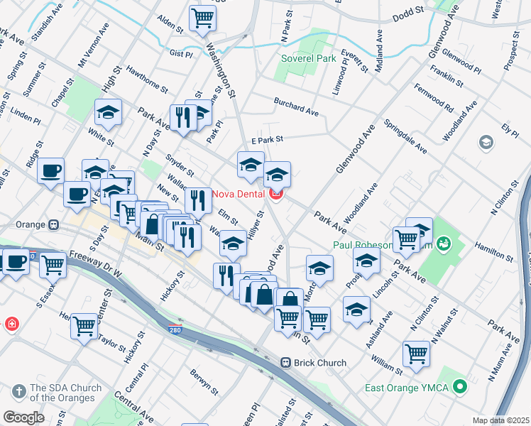 map of restaurants, bars, coffee shops, grocery stores, and more near 90 Washington Street in East Orange