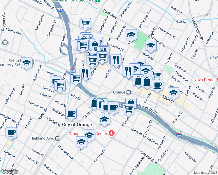 map of restaurants, bars, coffee shops, grocery stores, and more near 62 Bell Street in City of Orange