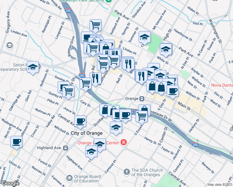map of restaurants, bars, coffee shops, grocery stores, and more near 62 Bell Street in City of Orange