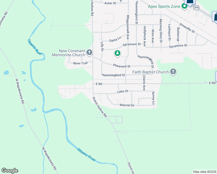 map of restaurants, bars, coffee shops, grocery stores, and more near 5110 E Rd in Elida