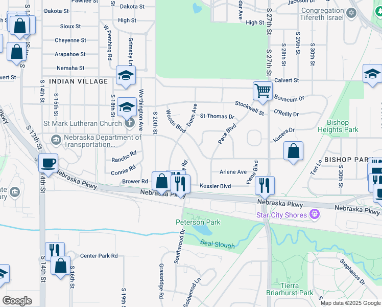 map of restaurants, bars, coffee shops, grocery stores, and more near 4035 Woods Boulevard in Lincoln