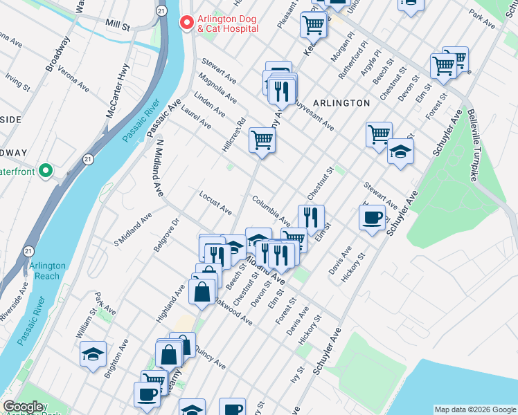 map of restaurants, bars, coffee shops, grocery stores, and more near 10 Columbia Avenue in Kearny