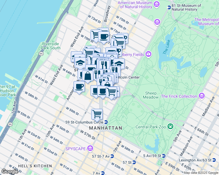 map of restaurants, bars, coffee shops, grocery stores, and more near 25 West 65th Street in New York