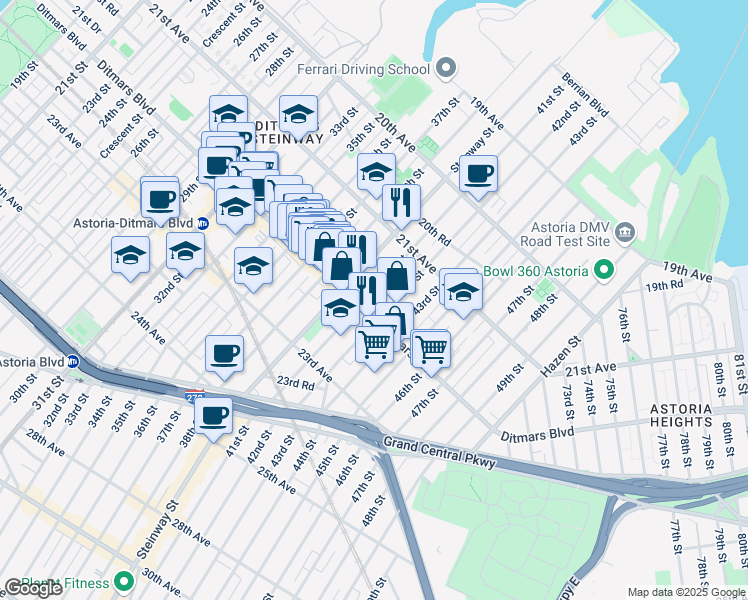 map of restaurants, bars, coffee shops, grocery stores, and more near 21-69 41st Street in Queens
