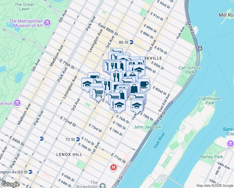map of restaurants, bars, coffee shops, grocery stores, and more near 334 East 79th Street in New York