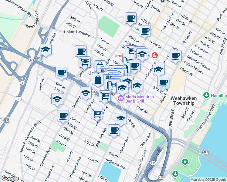 map of restaurants, bars, coffee shops, grocery stores, and more near 518 Hackensack Plank Road in Union City