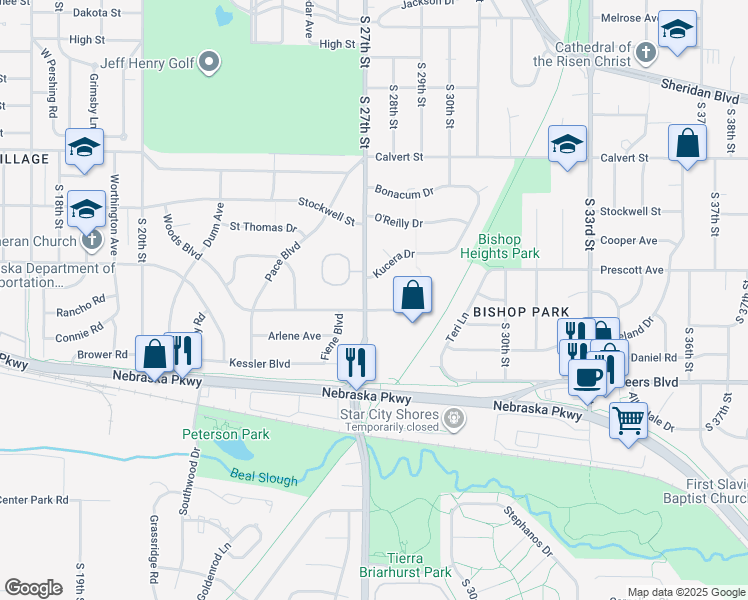 map of restaurants, bars, coffee shops, grocery stores, and more near 2625 South Bishop Square in Lincoln