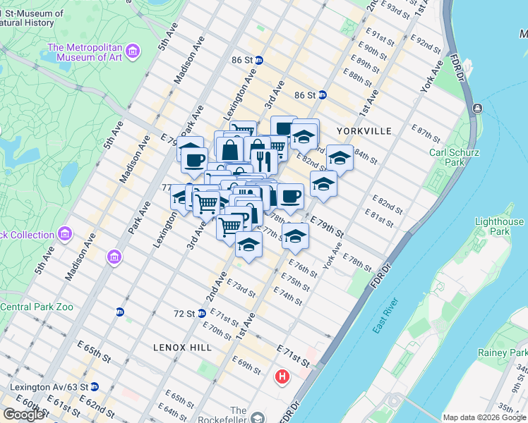 map of restaurants, bars, coffee shops, grocery stores, and more near 302 East 78th Street in New York