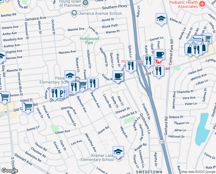 map of restaurants, bars, coffee shops, grocery stores, and more near 2 Lincoln Gate in Plainview