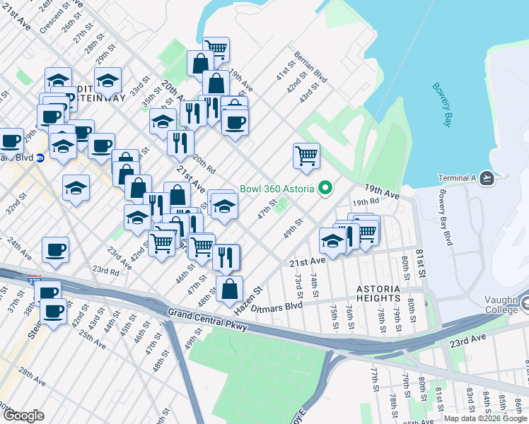 map of restaurants, bars, coffee shops, grocery stores, and more near 20-37 46th Street in Queens