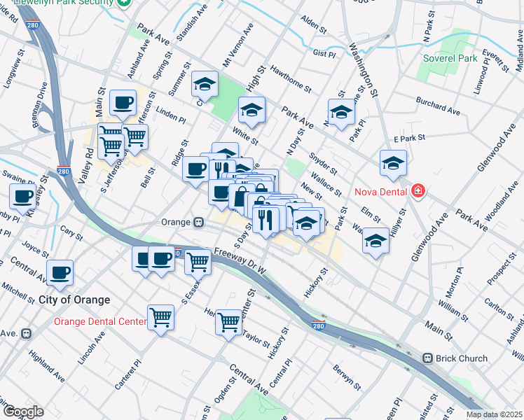 map of restaurants, bars, coffee shops, grocery stores, and more near 29 North Day Street in City of Orange