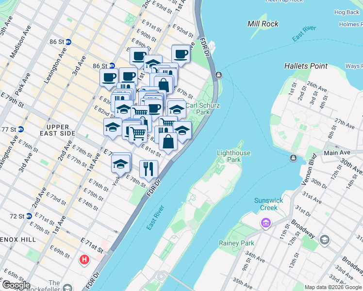 map of restaurants, bars, coffee shops, grocery stores, and more near 610 East 83rd Street in New York