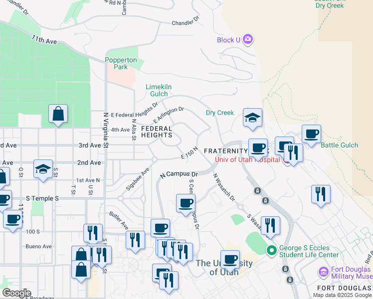 map of restaurants, bars, coffee shops, grocery stores, and more near 1505 East Military Way in Salt Lake City
