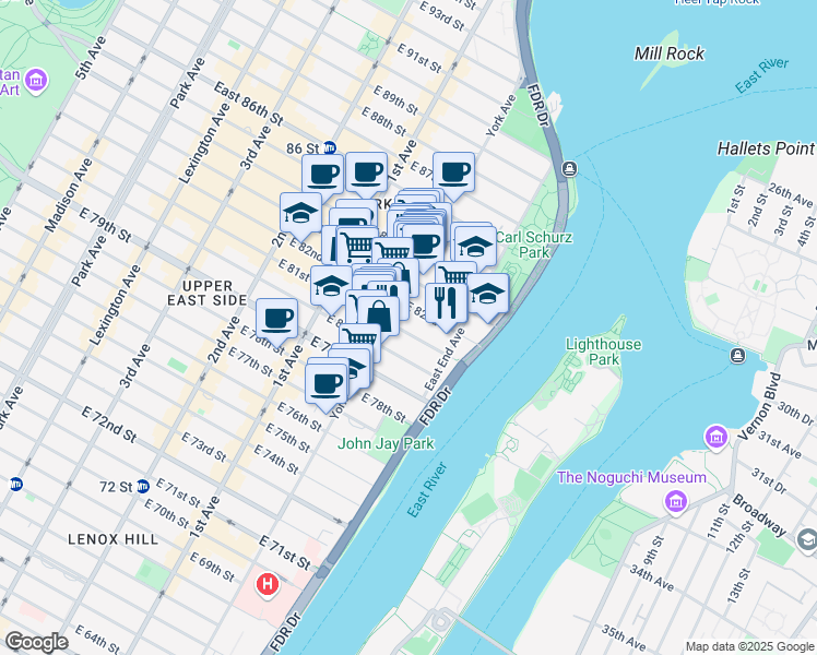 map of restaurants, bars, coffee shops, grocery stores, and more near 511 East 81st Street in New York