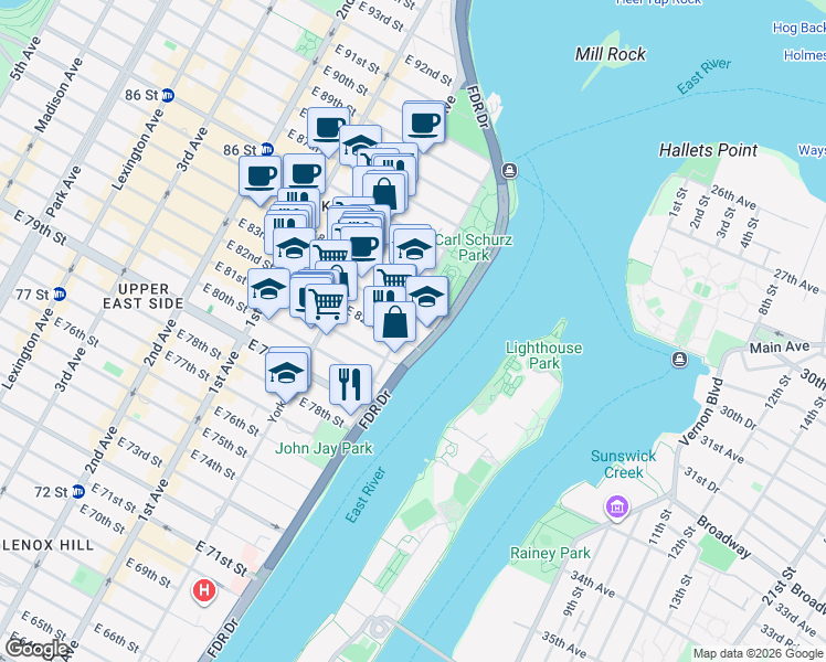 map of restaurants, bars, coffee shops, grocery stores, and more near in New York