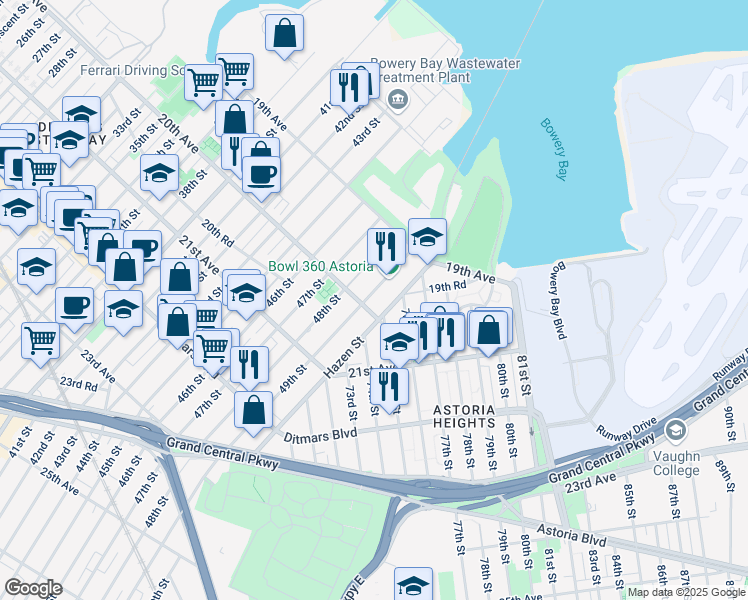 map of restaurants, bars, coffee shops, grocery stores, and more near 48-11 20th Avenue in Queens
