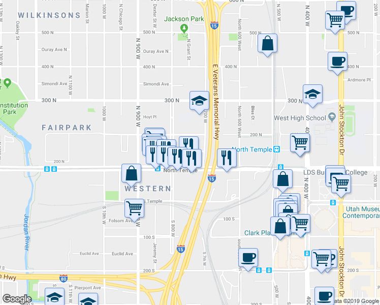 map of restaurants, bars, coffee shops, grocery stores, and more near 739 Jackson Avenue in Salt Lake City