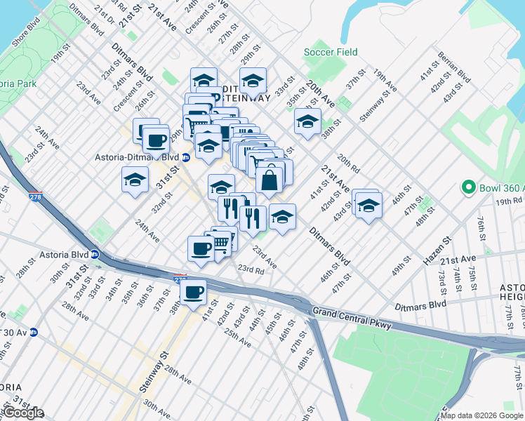 map of restaurants, bars, coffee shops, grocery stores, and more near 22-29 37th Street in Queens