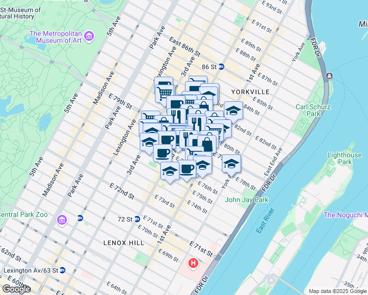 map of restaurants, bars, coffee shops, grocery stores, and more near 305 East 78th Street in New York
