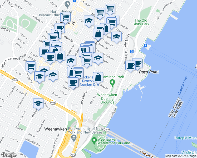 map of restaurants, bars, coffee shops, grocery stores, and more near 49 Hudson Place in Weehawken