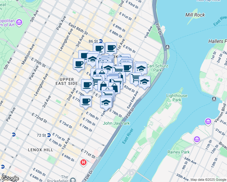 map of restaurants, bars, coffee shops, grocery stores, and more near 451 East 81st Street in New York