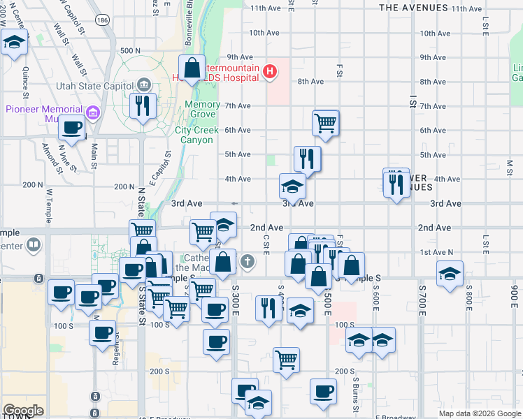 map of restaurants, bars, coffee shops, grocery stores, and more near in Salt Lake City