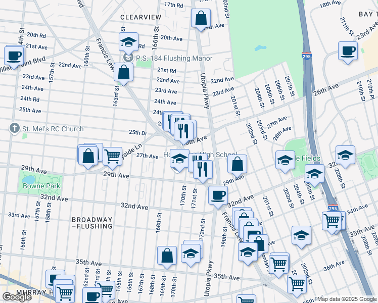 map of restaurants, bars, coffee shops, grocery stores, and more near 169-32 26th Avenue in Queens