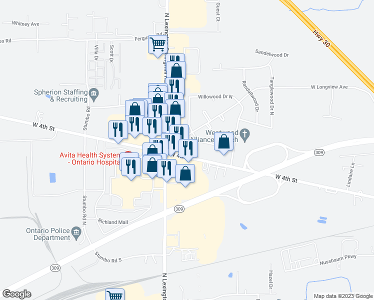 map of restaurants, bars, coffee shops, grocery stores, and more near 2084 West 4th Street in Mansfield