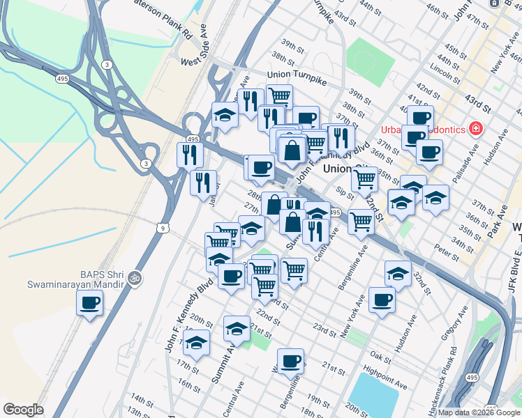 map of restaurants, bars, coffee shops, grocery stores, and more near 1217 28th Street in North Bergen