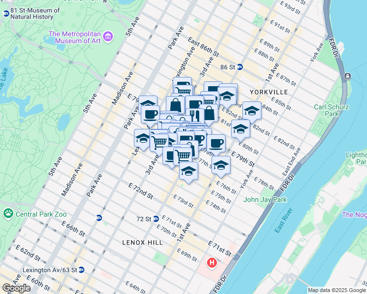 map of restaurants, bars, coffee shops, grocery stores, and more near 243 East 77th Street in New York