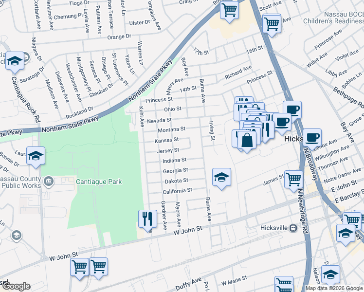 map of restaurants, bars, coffee shops, grocery stores, and more near 84 Myers Avenue in Hicksville