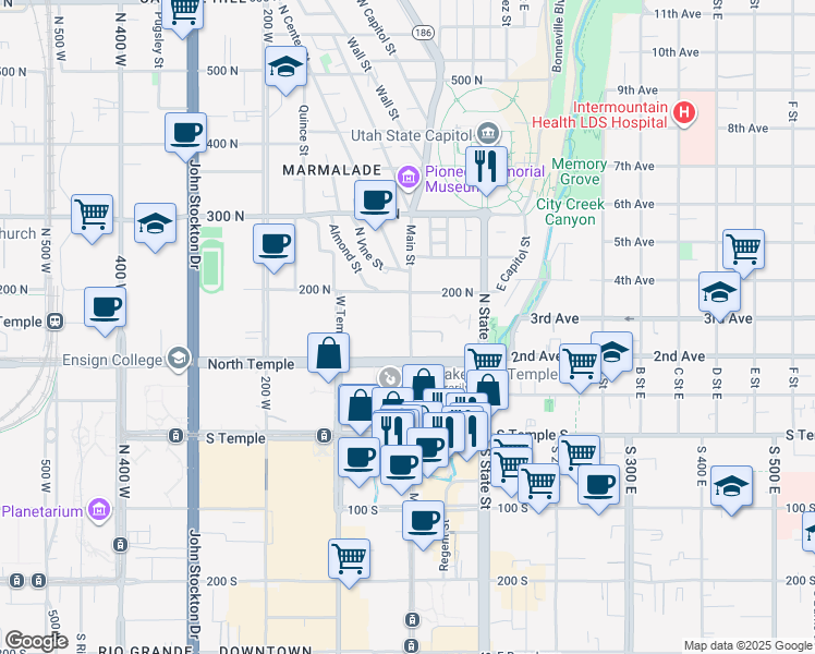 map of restaurants, bars, coffee shops, grocery stores, and more near 111 Main Street in Salt Lake City