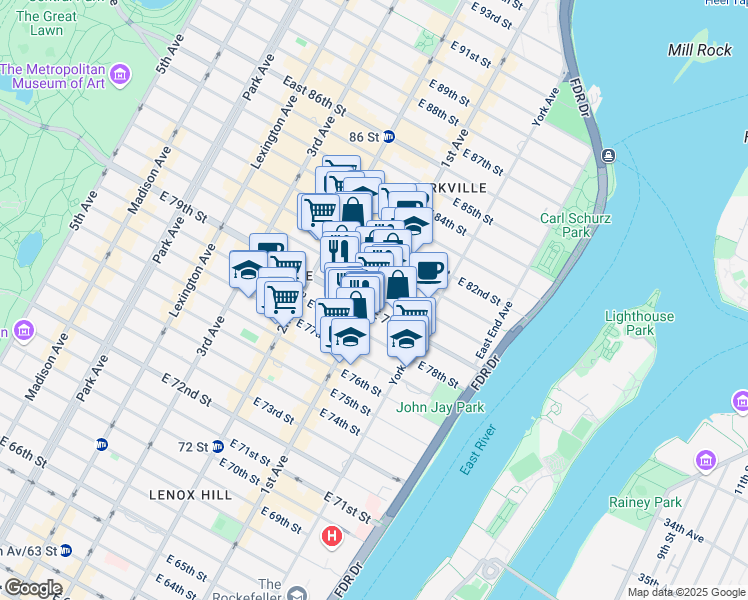 map of restaurants, bars, coffee shops, grocery stores, and more near 1518 1st Avenue in New York