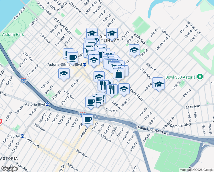 map of restaurants, bars, coffee shops, grocery stores, and more near 22-53 37th Street in Queens