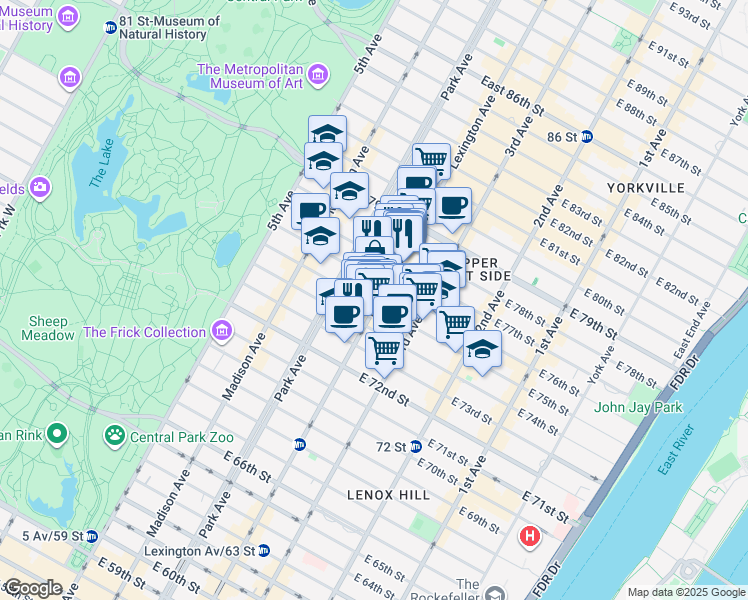 map of restaurants, bars, coffee shops, grocery stores, and more near 139 East 75th Street in New York