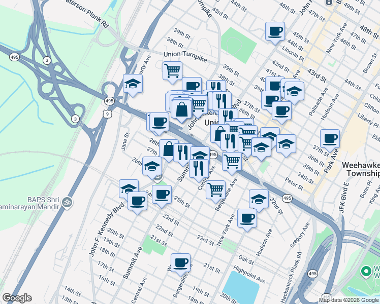 map of restaurants, bars, coffee shops, grocery stores, and more near 2913 Jeanette Street in Union City