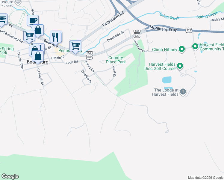 map of restaurants, bars, coffee shops, grocery stores, and more near 524 West Drive in Boalsburg