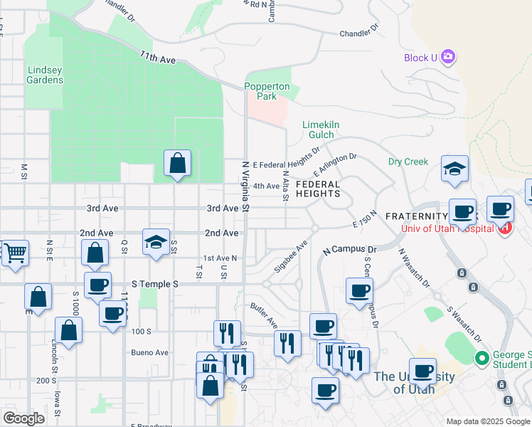 map of restaurants, bars, coffee shops, grocery stores, and more near 1288 East 3rd Avenue in Salt Lake City