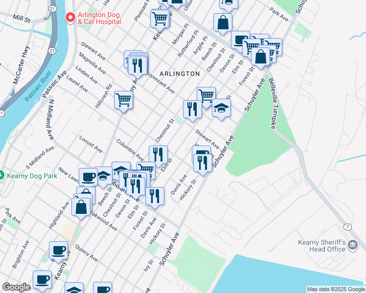 map of restaurants, bars, coffee shops, grocery stores, and more near 586 Elm Street in Kearny