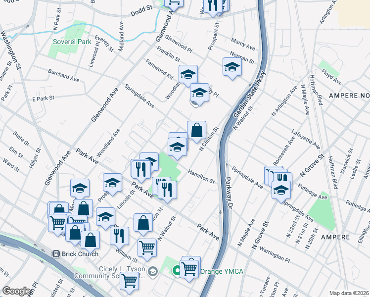 map of restaurants, bars, coffee shops, grocery stores, and more near 429 Springdale Avenue in East Orange