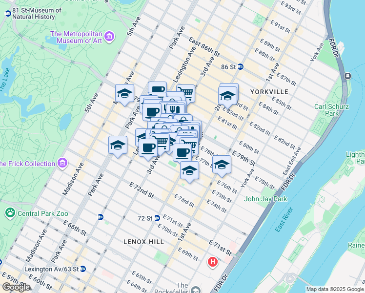 map of restaurants, bars, coffee shops, grocery stores, and more near 239 East 77th Street in New York