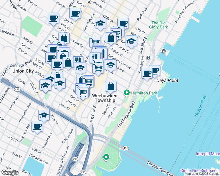 map of restaurants, bars, coffee shops, grocery stores, and more near 53 Hudson Place in Weehawken