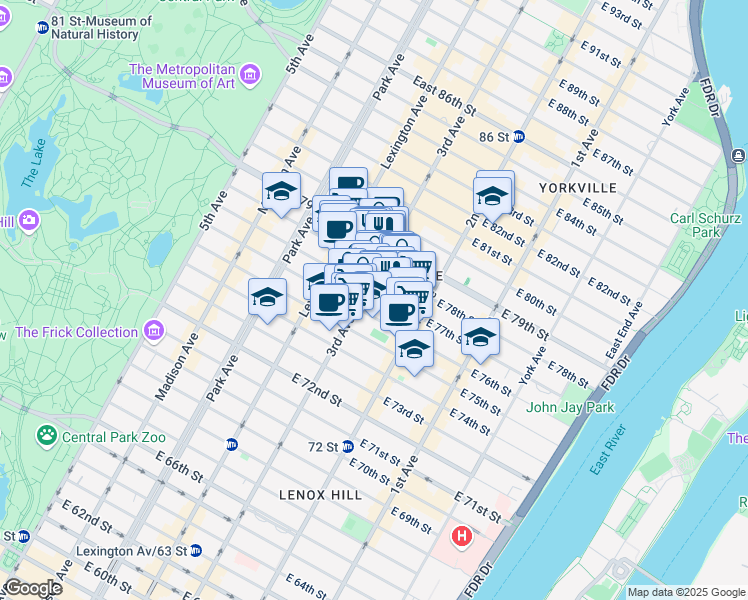 map of restaurants, bars, coffee shops, grocery stores, and more near 202 East 77th Street in New York