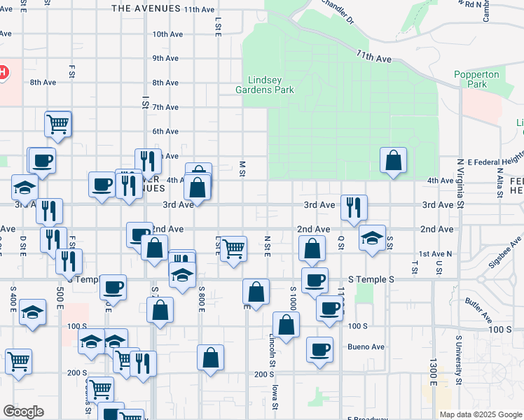 map of restaurants, bars, coffee shops, grocery stores, and more near 133 N Street East in Salt Lake City
