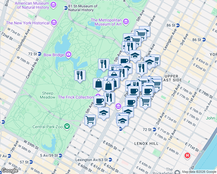 map of restaurants, bars, coffee shops, grocery stores, and more near 909 5th Avenue in New York