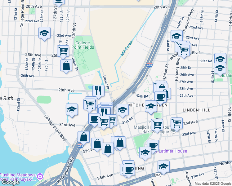 map of restaurants, bars, coffee shops, grocery stores, and more near 28-11 Linden Place in Queens