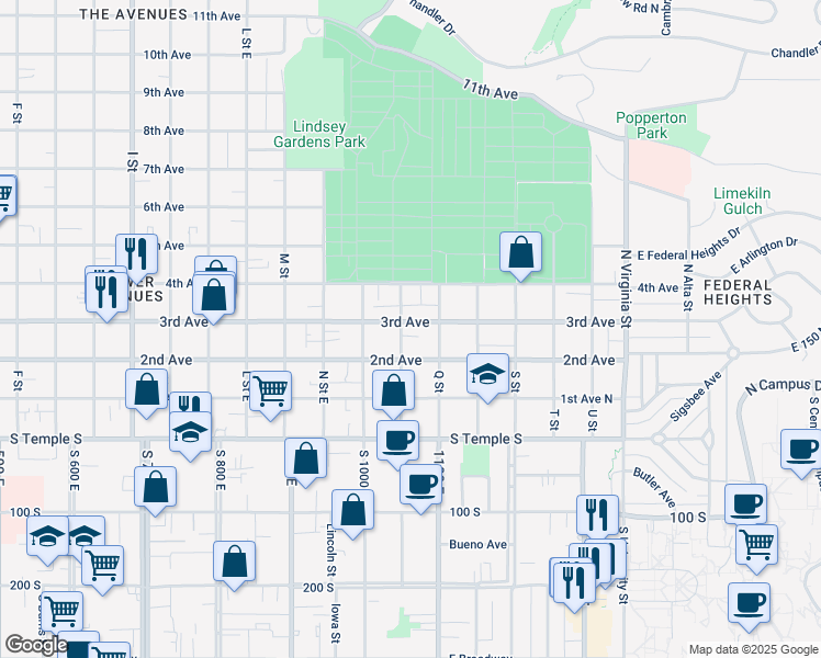 map of restaurants, bars, coffee shops, grocery stores, and more near 953 3rd Avenue in Salt Lake City